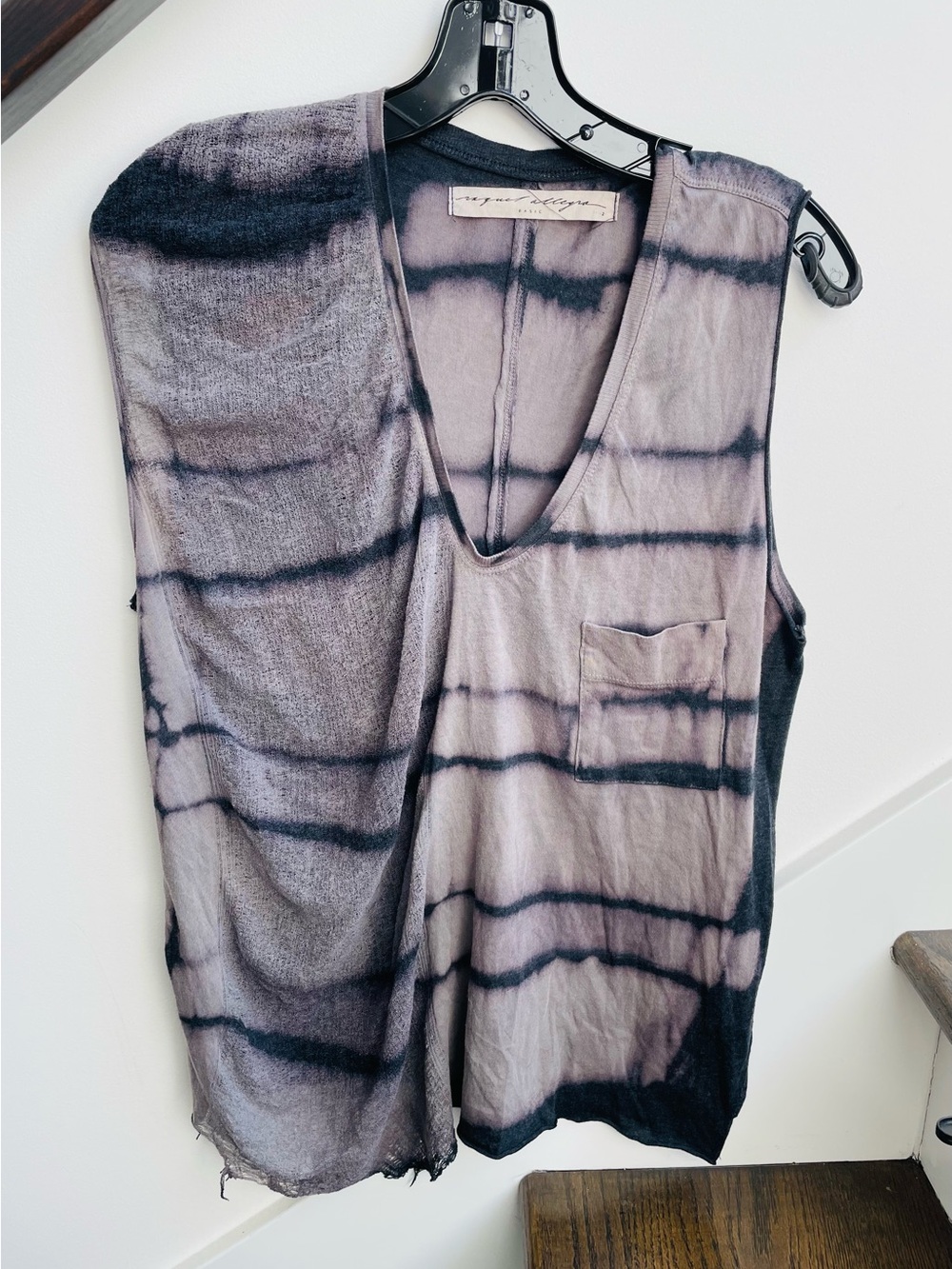 Raquel Allegra raw hem Tie-Dye Tee in Black and Grey, half is shredded.